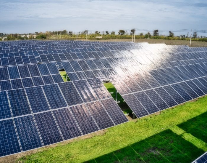 Power plant using renewable solar energy. Aerial drone shot